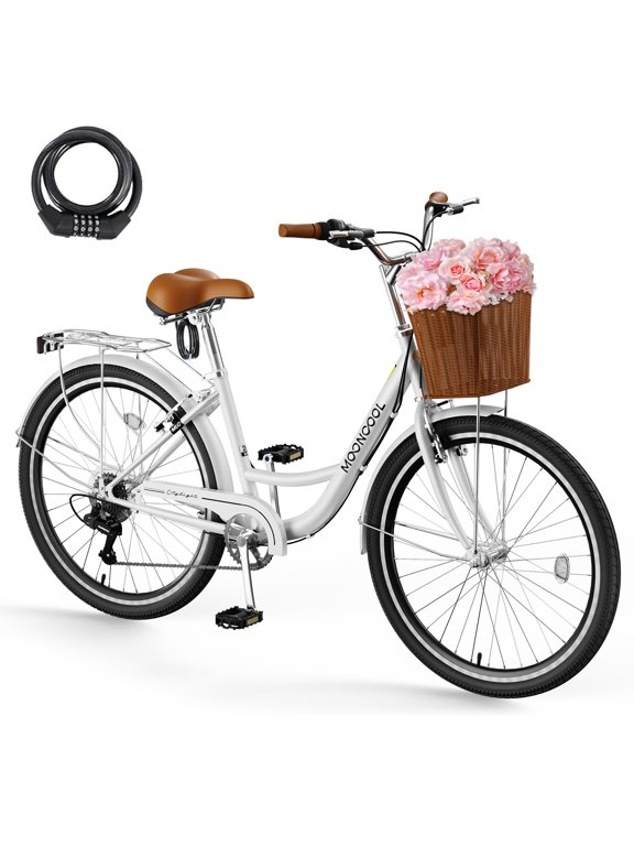 24/26 Inch Cruiser Bike for Women, 7 Speed Step-Through Bicycle with Basket, Rear Rack & Lock, Retro City Bike for Adults