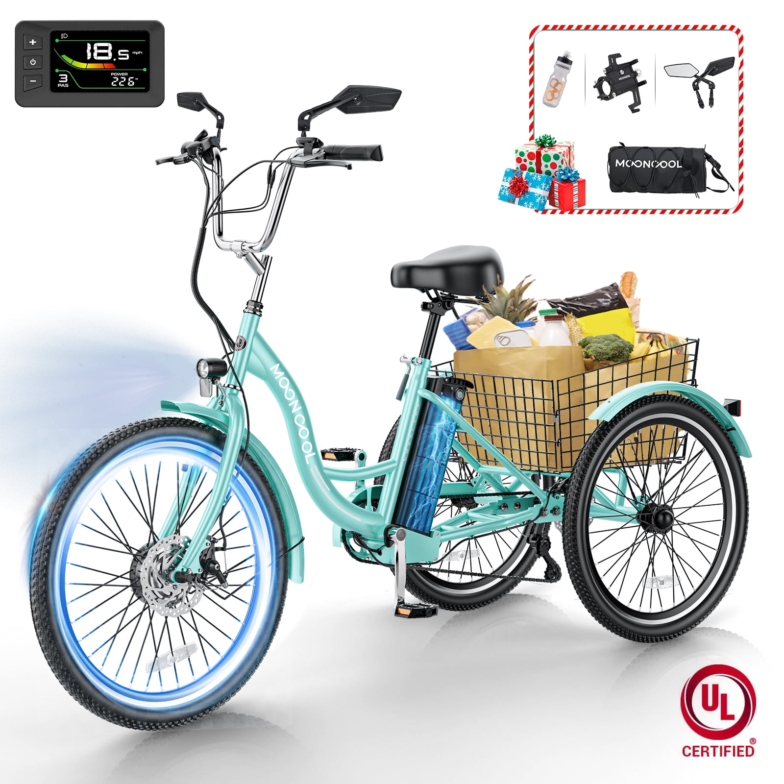 The Coupon deal of  MOONCOOL 350W Electric Tricycle, 7 Speeds, 3 Wheels, Motorized Trike for Adults with Removable Battery