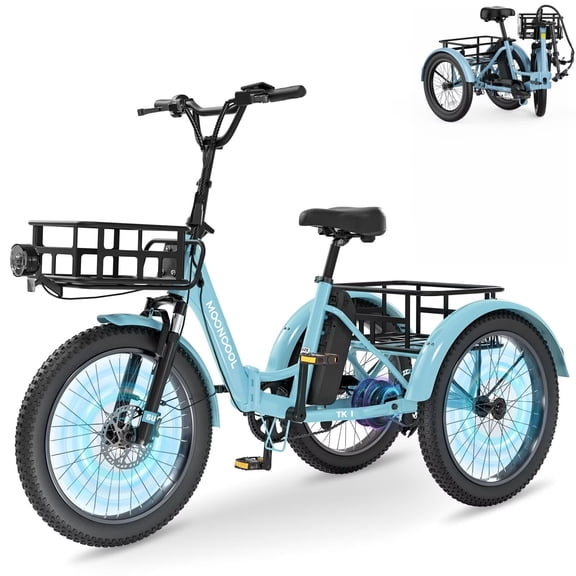 MOONCOOL Electric Tricycle for Adults, 20" Folding 3 Wheels Electric Bicycle, 48V 500W Motorized Three Wheel Ebike w/Aluminum Frame, Removable Battery and Basket