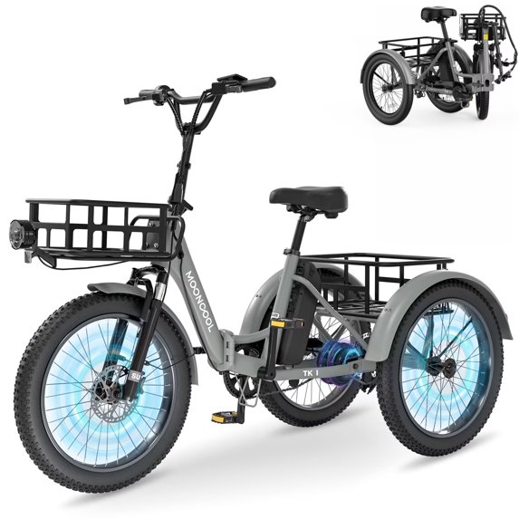 MOONCOOL Electric Tricycle for Adults, 20" Folding 3 Wheels Electric Bicycle, 48V 500W Motorized Three Wheel Ebike w/Aluminum Frame, Removable Battery and Basket