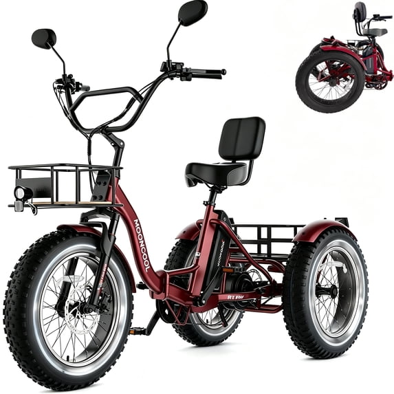 MOONCOOL FT1 Folding Electric Tricycle for Adults,48V 500W Helical Motor w/ 1092W peak power, 14.5AH UL2849 (By SGS) Removable Battery,20" x 4.0" Fat Tire,60-Mile, 15.5 MPH, 7-Speed,Class 2