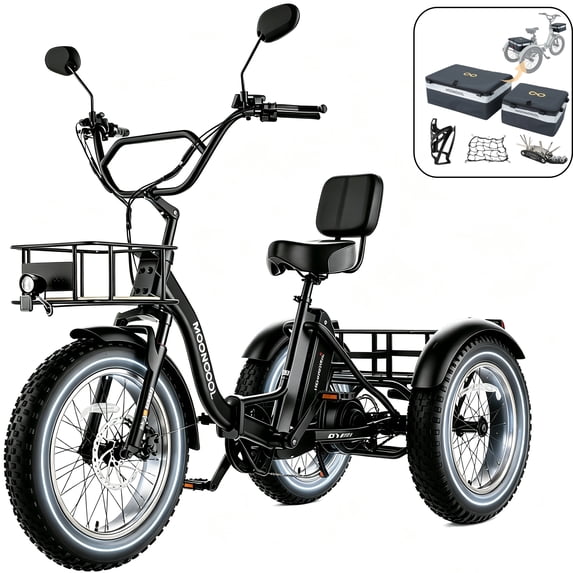 MOONCOOL Folding Adult Electric Trike w/ Storage Bags , 48V 500W(Peak 1092 W) Rear Motor w/ Differential , 20x4.0" Fat Tire 7 Speed ,14.5Ah UL2849 (By SGS) Battery,60 Miles, 15.5 MPH,Class 2