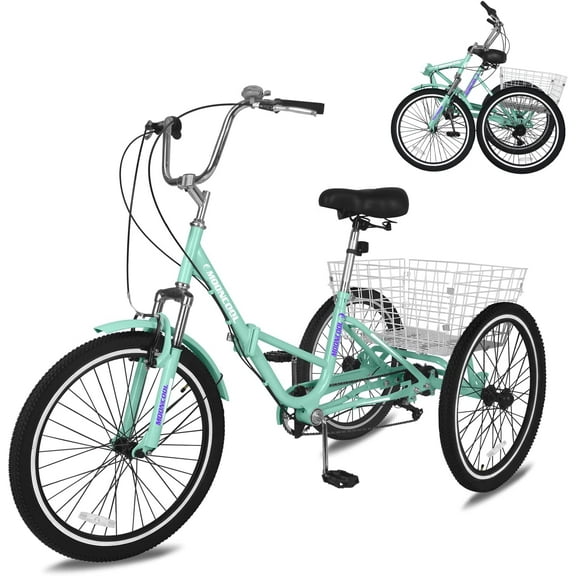 MOONCOOL Folding Tricycle for Adults, 24/26 inch 7 Speed Adult Foldable Tricycle with Large Basket for Shopping Exercise Recreation