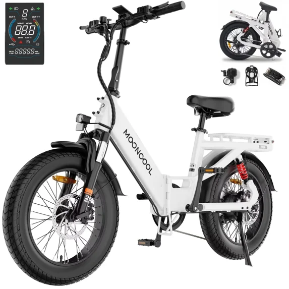 MOONCOOL Full Suspension Electric Bicycle w/ Torque Sensor,750w Rear Motor w/ 85Nm Torque,48v 14ah UL2849(By SGS) Battery,20"×3.0" Fat Tire 7 Speed Off-Road Ebike,20MPH,60 miles,Adult, Class 2