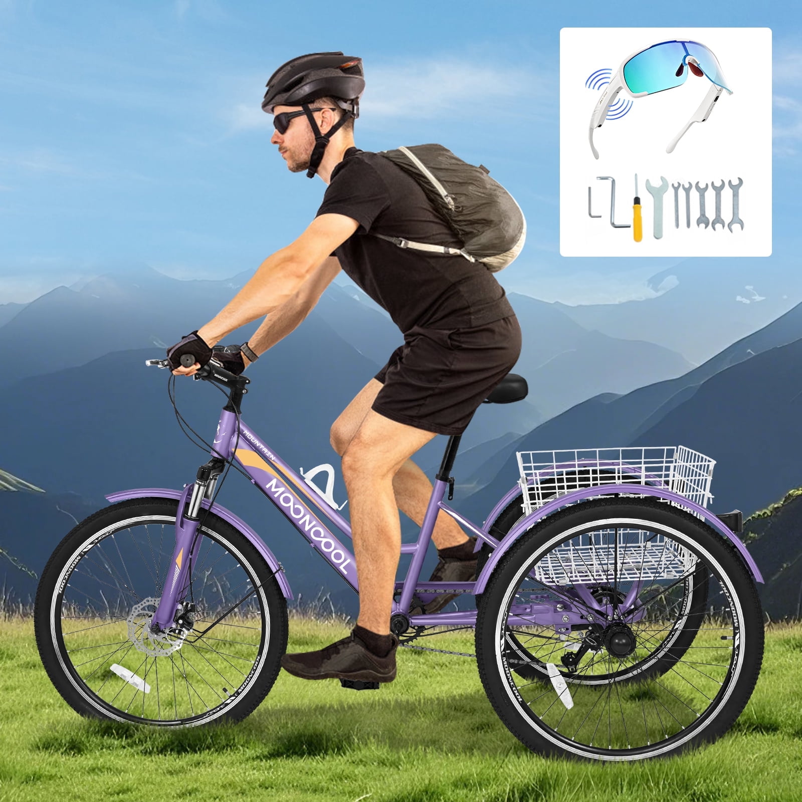 MOONCOOL Mountain Tricycle for Adults, 3 Wheeled 7-Speed Mountain Tricycle 24/26/27.5 inch Men's Women's Tricycles Cruiser Bike with Cargo Basket