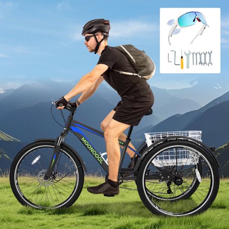 MOONCOOL Mountain Tricycle for Adults, 3 Wheeled 7-Speed Mountain Tricycle 24/26/27.5 inch Men's Women's Tricycles Cruiser Bike with Cargo Basket