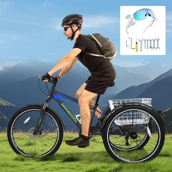 MOONCOOL Mountain Tricycle for Adults, 3 Wheeled 7-Speed Mountain Tricycle 24/26/27.5 inch Men's Women's Tricycles Cruiser Bike with Cargo Basket