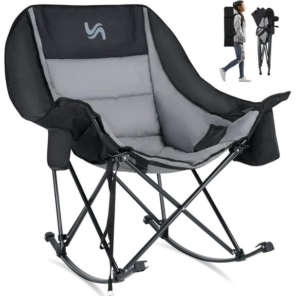 Slsy Oversized Rocking Camping Chair, Fully Padded Patio Chair with Cooler Bag and Side Pocket, High Back Portable Lawn Recliner Rocker Chairs for Camp, Patio, Supports 400 lbs