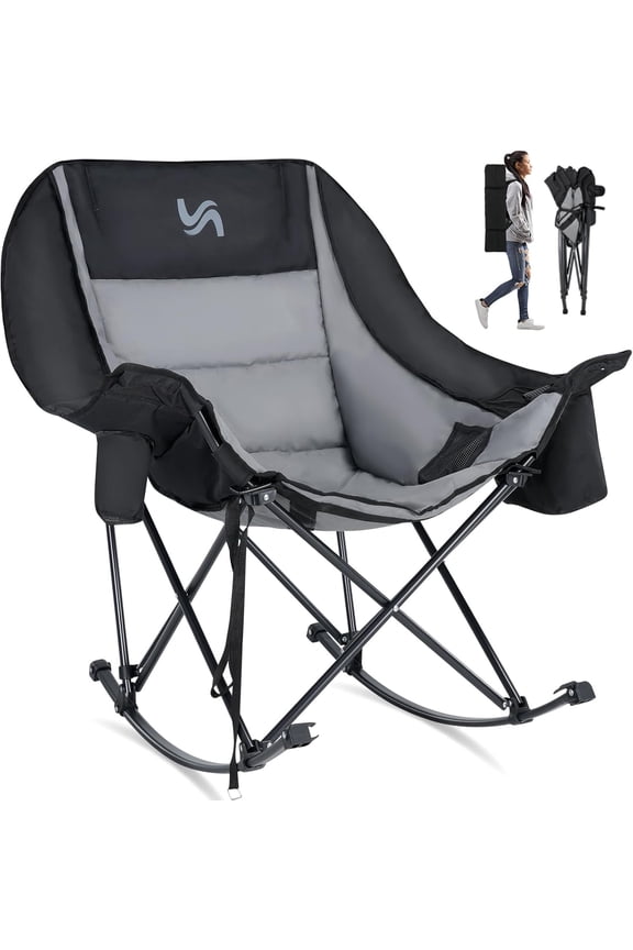 Oversized Rocking Camping Chair, Fully Padded Patio Chair with Cooler Bag and Side Pocket, High Back Portable Lawn Recliner Rocker Chairs for Camp, Patio, Supports 400 lbs