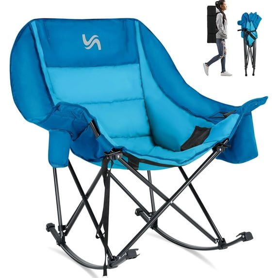Slsy Oversized Rocking Camping Chair, Fully Padded Patio Chair with Cooler Bag and Side Pocket, High Back Portable Lawn Recliner Rocker Chairs for Camp, Patio, Supports 400 lbs