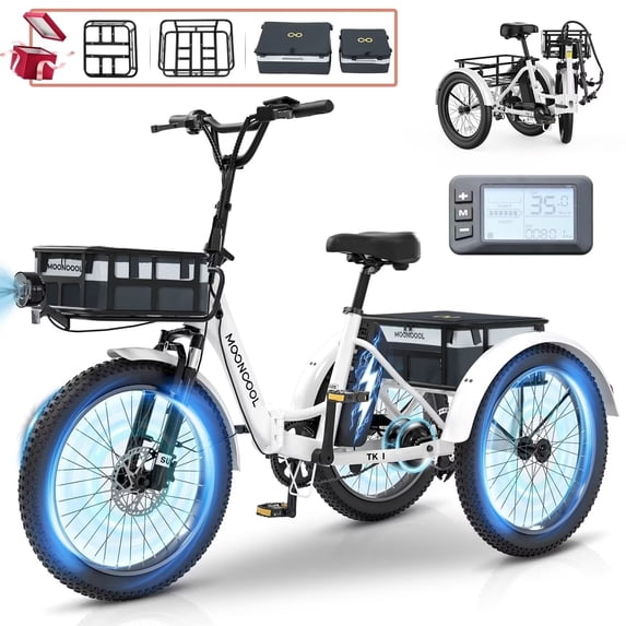 MOONCOOL TK1 20" Fat Tire Folding Electric Tricycle w/ Rack Bags, 750W Motor 48V Foldable Ebike Electric Trike for Adults, 3 Wheel Electric Bicycle w/Front & Rear Baskets