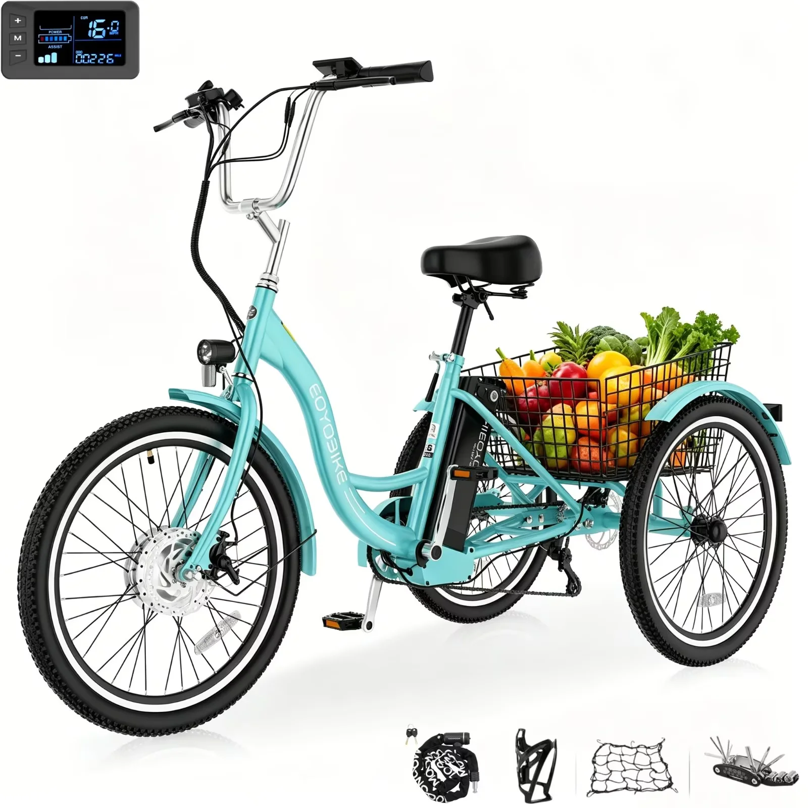 MOONCOOL 24"/26" Adult Electric Tricycle W/ Chain lock, Peak 700W 36V 10.4AH, 7 Speeds Step Through Electric Trike Motorized Three Wheel Electric Bikes w/ Large Basket for Women Men