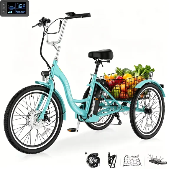 MOONCOOL 24"/26" Adult Electric Tricycle W/ Chain lock, Peak 700W 36V 10.4AH, 7 Speeds Step Through Electric Trike Motorized Three Wheel Electric Bikes w/ Large Basket for Women Men
