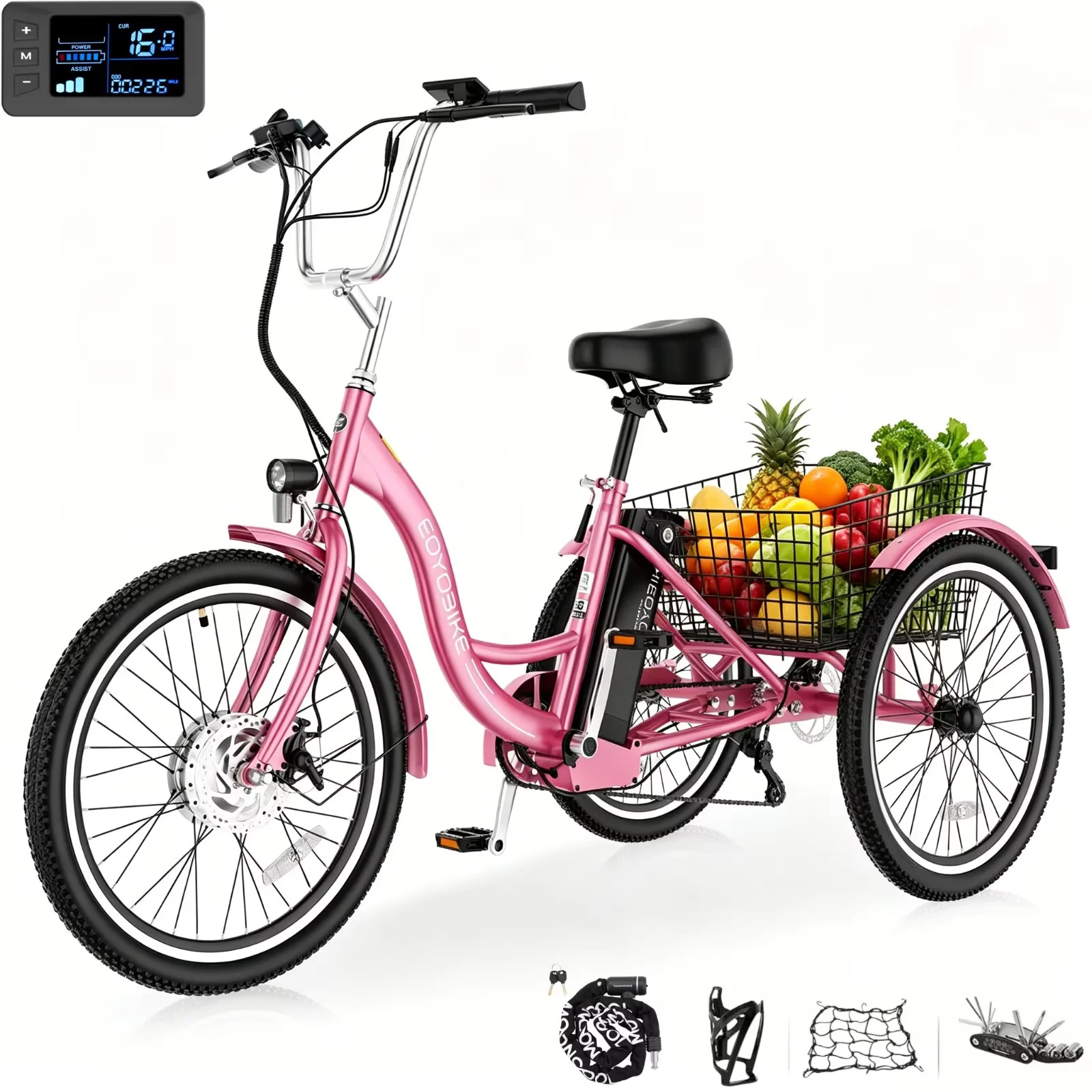 MOONCOOL 24"/26" Adult Electric Tricycle W/ Chain lock, Peak 700W 36V 10.4AH, 7 Speeds Step Through Electric Trike Motorized Three Wheel Electric Bikes w/ Large Basket for Women Men