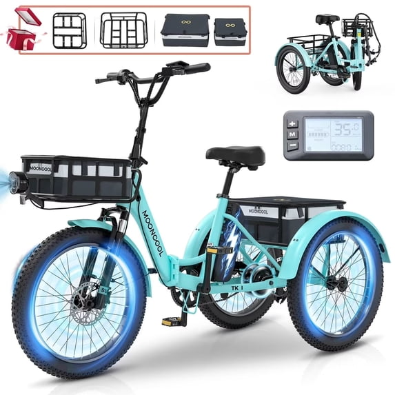 MOONCOOL TK1 20" Fat Tire Folding Electric Tricycle w/ Rack Bags, 750W Motor 48V Foldable Ebike Electric Trike for Adults, 3 Wheel Electric Bicycle w/Front & Rear Baskets