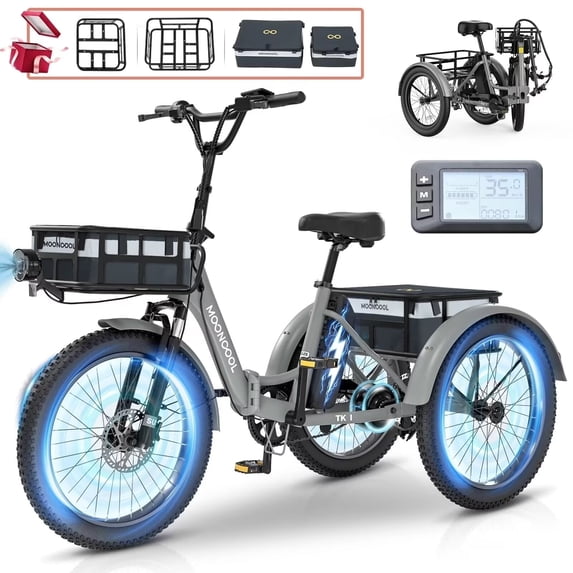 MOONCOOL TK1 20" Fat Tire Folding Electric Tricycle w/ Rack Bags, 750W Motor 48V Foldable Ebike Electric Trike for Adults, 3 Wheel Electric Bicycle w/Front & Rear Baskets