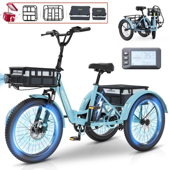 MOONCOOL TK1 20" Fat Tire Folding Electric Tricycle w/ Rack Bags, 750W Motor 48V Foldable Ebike Electric Trike for Adults, 3 Wheel Electric Bicycle w/Front & Rear Baskets