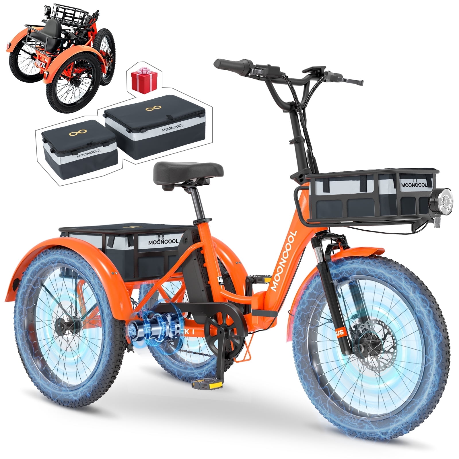"MOONCOOL 750W Electric Tricycle, 20"" Fat Tire 3 Wheel Ebike with Baskets, Foldable for Adults"