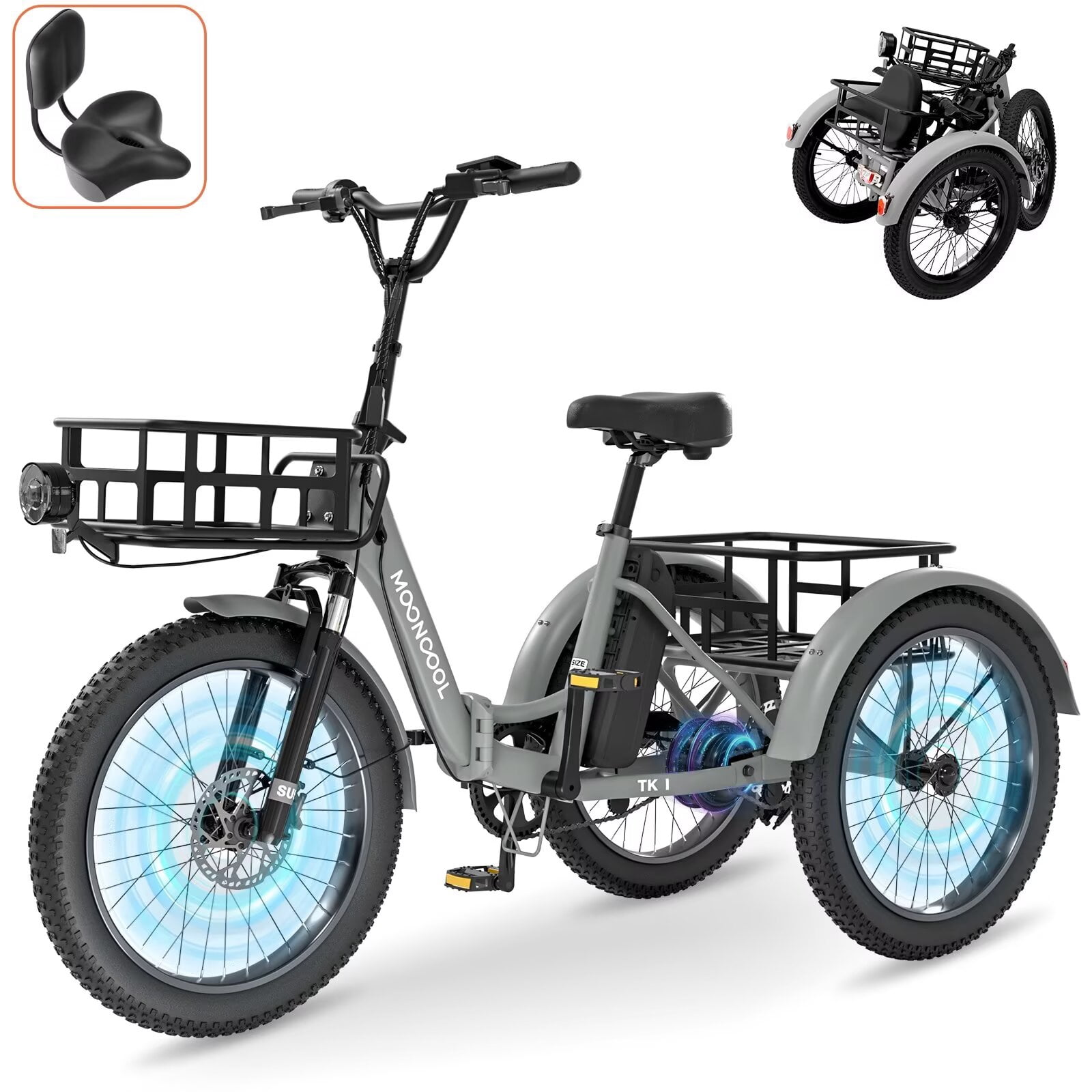 MOONCOOL TK1 Folding Electric Tricycle for Adults,48V 14.5Ah Removable battery, Peak1000W Motor, 20" Fat Tire Step-Thru 3 Wheel Electric Bicycle W/ Wide Seat & Backrest