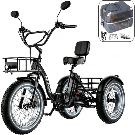 MOONCOOL Folding Adult Electric Trike w/ Rear Pet Bag , 48V 500W(Peak 1092 W) Rear Motor w/ Differential , 20x4.0" Fat Tire 7 Speed ,14.5Ah UL2849 (By SGS) Battery,60 Miles, 15.5 MPH,Class 2
