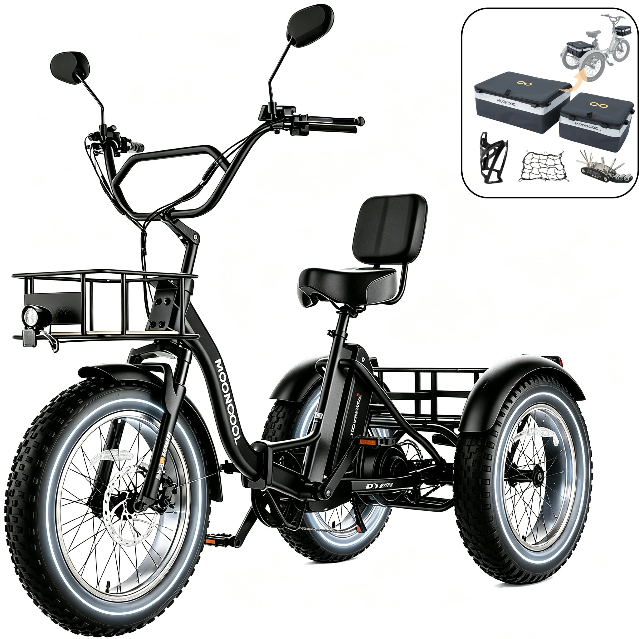 MOONCOOL Folding Electric Trike w/ Storage Bags , 48V Peak 1350W 3 Wheel Electric Bike for Adults, 20"x4.0" Fat Tire 7 Speed Electric Tricycle with 14.5Ah Battery, Rear Differential, Aluminum Frame