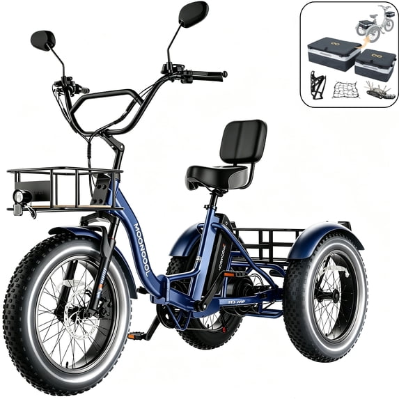 MOONCOOL Folding Electric Trike w/ Storage Bags , 48V Peak 1350W 3 Wheel Electric Bike for Adults, 20"x4.0" Fat Tire 7 Speed Electric Tricycle with 14.5Ah Battery, Rear Differential, Aluminum Frame