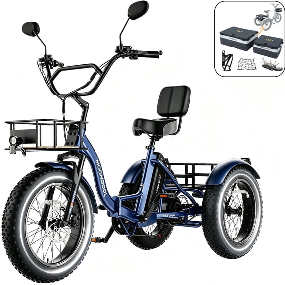 MOONCOOL Folding Adult Electric Trike w/ Storage Bags , 48V 500W(Peak 1092 W) Rear Motor w/ Differential , 20x4.0" Fat Tire 7 Speed ,14.5Ah UL2849 (By SGS) Battery,60 Miles, 15.5 MPH,Class 2