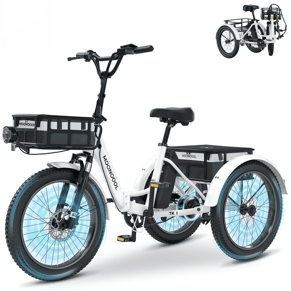 MOONCOOL TK1 Folding Electric Tricycle for Adults,48V 14.5Ah Removable battery, 1000W Motor, 20" Fat Tire Step-Thru 3 Wheel Electric Bicycle W/ Front & Rear Storage Bag Kit, UL2849