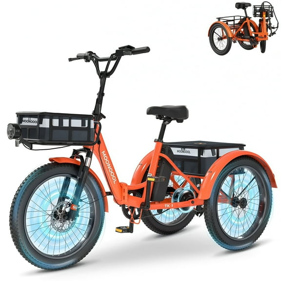 MOONCOOL TK1 Folding Electric Tricycle for Adults,48V 14.5Ah Removable battery, 1000W Motor, 20" Fat Tire Step-Thru 3 Wheel Electric Bicycle W/ Front & Rear Storage Bag Kit, UL2849