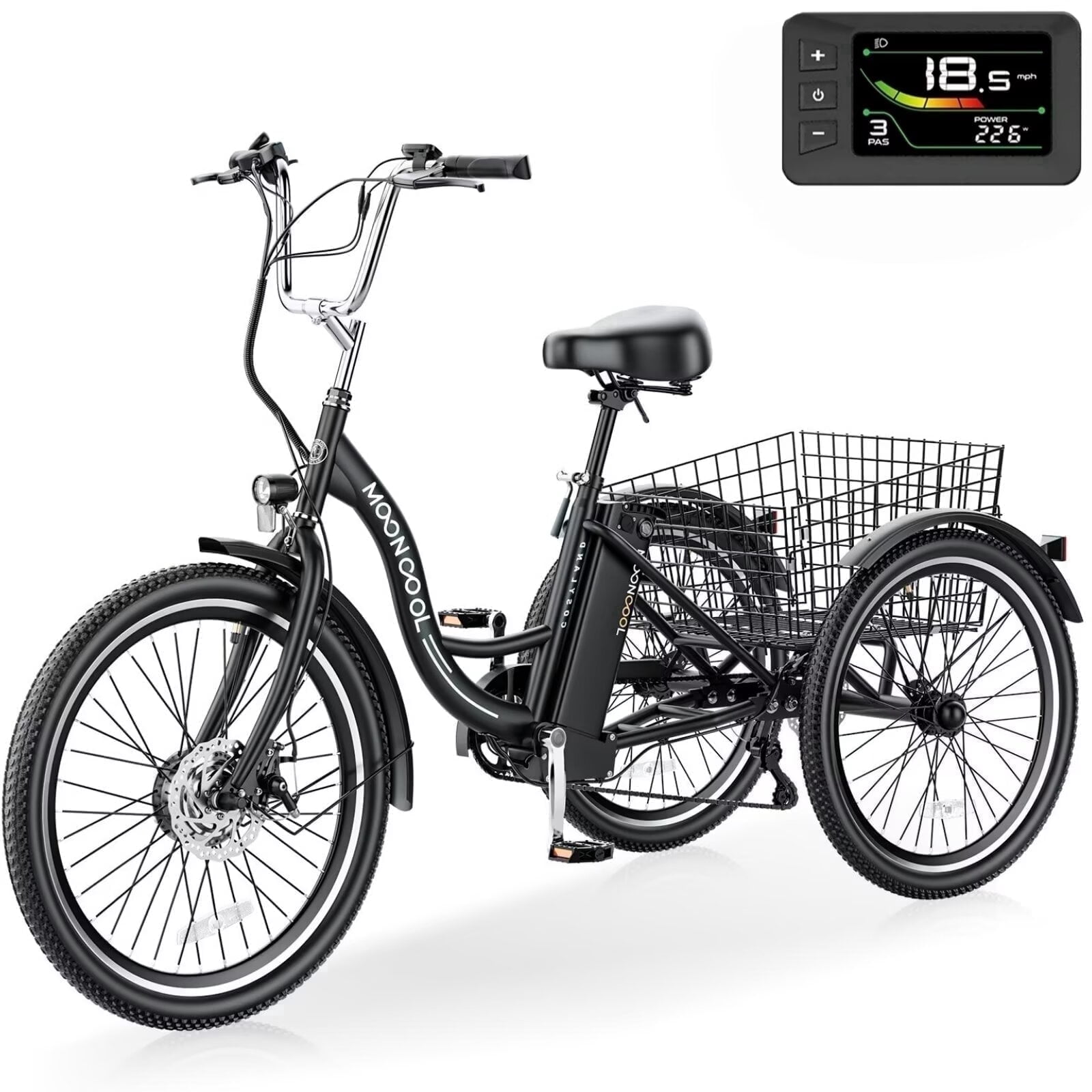 MOONCOOL 24"/26" Electric Tricycle for Adults, 700W Peak Motor,7 Speeds Electric Trike w/ 36V 10.4Ah Removable lithium battery,3 Wheels Unisex Electric Bikes,16MPH,40Miles