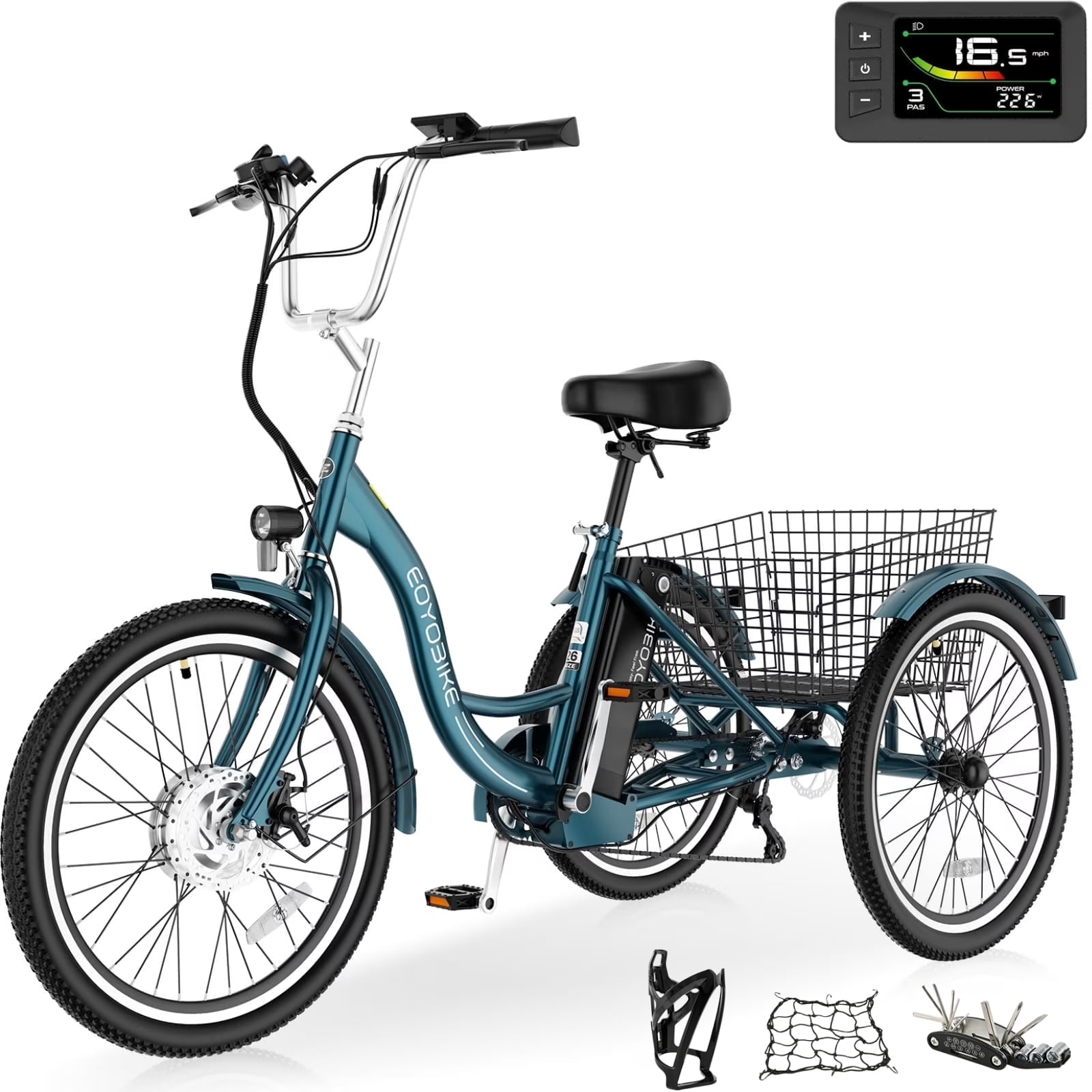 MOONCOOL 24"/26" Electric Tricycle for Adults, 700W Peak Motor,7 Speeds Electric Trike w/ 36V 10.4Ah Removable lithium battery,3 Wheels Unisex Electric Bikes,16MPH,40Miles