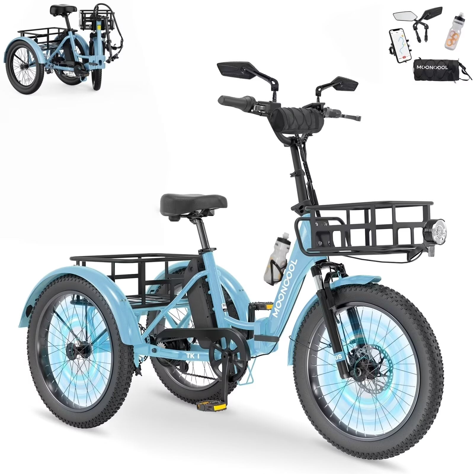 MOONCOOL TK1 Folding Electric Tricycle for Adults,48V 14.5Ah Removable battery, Peak 1000W Motor, 20" Fat Tire Step-Thru 3 Wheel Electric Bicycle W/ Mirrows Kit