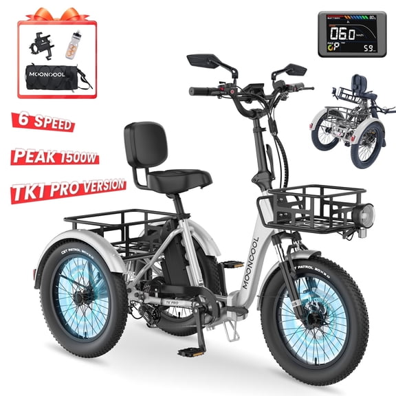 MOONCOOL TK1 Pro Electric Trike, Electric Tricycle for Adults, 20" Folding 3 Wheels Electric Bicycle, 48V 750W Motorized Ebike w/Aluminum Frame, Removable Battery & Basket