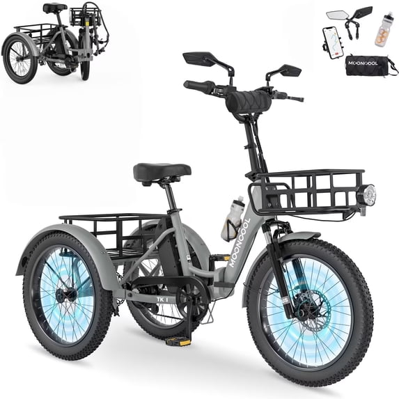MOONCOOL TK1 Folding Electric Tricycle for Adults,48V 14.5Ah Removable battery, Peak 1000W Motor, 20" Fat Tire Step-Thru 3 Wheel Electric Bicycle W/ Mirrows Kit