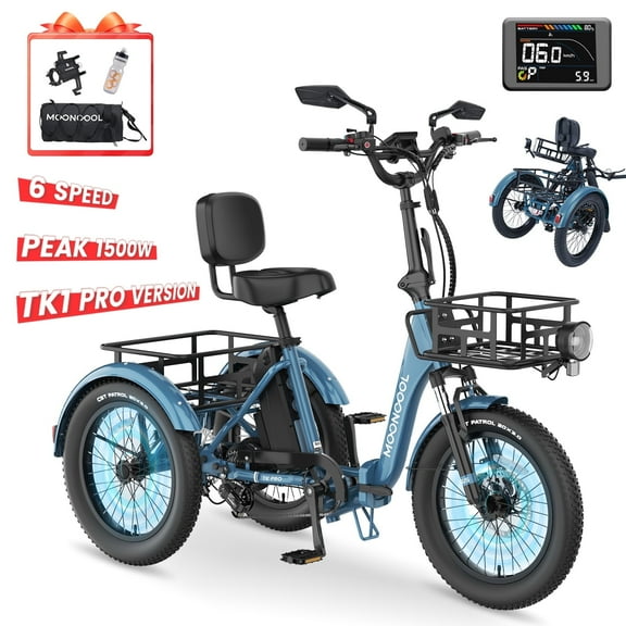MOONCOOL TK1 Pro Electric Trike, Electric Tricycle for Adults, 20" Folding 3 Wheels Electric Bicycle, 48V 750W Motorized Ebike w/Aluminum Frame, Removable Battery&Basket, Certified to UL 2849 by SGS