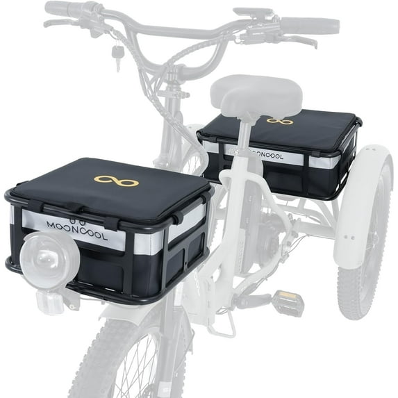 MOONCOOL TK1 Tricycle Rack Bag, Waterproof 600D Polyester Bag for Etrike's Basket, Velcro Quick Release Design Cycling Pannier Trunk Carrier with Reflecto (12L front & 26L rear bags),Black