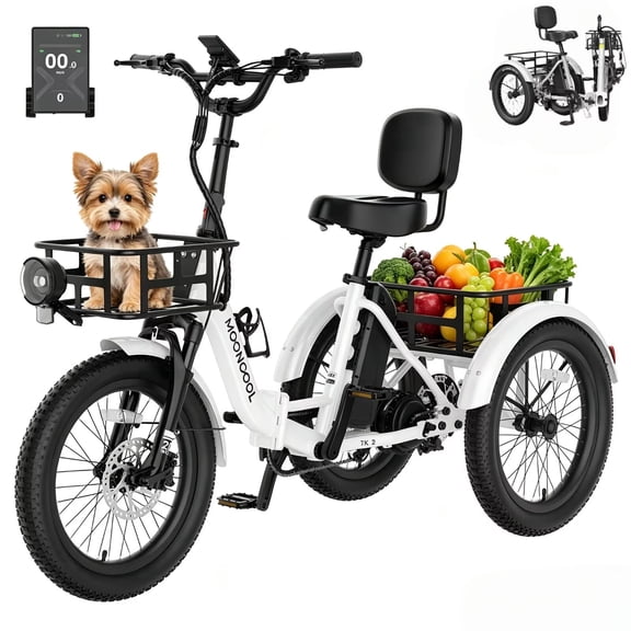 MOONCOOL TK2 Folding Electric Tricycle for Adults , 20x3.0" Fat Tire Etrike w/ Reverse, 48V 15Ah Battery, Peak 1000W Motor, 60-Mile,15.5 MPH