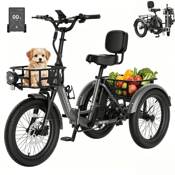 MOONCOOL TK2 Adult Folding Electric Tricycle w/ Reverse, 20x3.0" Fat Tire Etrike , 48V 15Ah UL2849 (By SGS) Battery, 500W Helical Motor w/ 1092W peak power & 65Nm torque, 60-Mile,15.5MPH , Class 2
