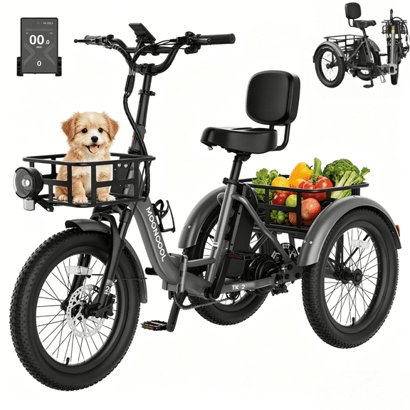 MOONCOOL TK2 Folding Electric Tricycle for Adults , 20x3.0" Fat Tire Etrike w/ Reverse, 48V 15Ah Battery, Peak 1000W Motor, 60-Mile,15.5 MPH