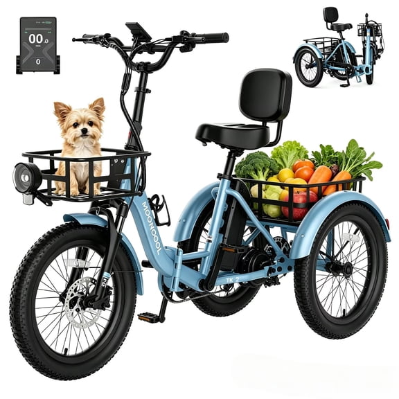 MOONCOOL TK2 Folding Electric Tricycle for Adults , 20x3.0" Fat Tire Etrike w/ Reverse, 48V 15Ah Battery, Peak 1000W Motor, 60-Mile,15.5 MPH