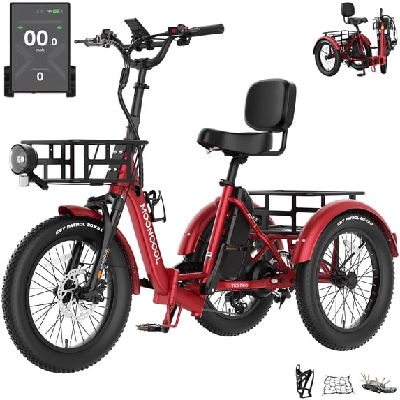 MOONCOOL TK2 PRO Adult Folding E-Trike w/ Reverse,48V 750W Helical Motor w/ 1310W Peak Power & 90Nm torque,20Ah UL2849 (By SGS) Removable Battery,20x3.0" Fat Tire, 75-Mile, 15.5 MPH, Class 2