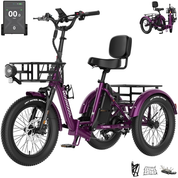 MOONCOOL TK2 PRO Adult Folding E-Trike with Reverse, 6-Speed, 48V 20Ah Battery, 1500W Peak, 20" Fat Tire, Torque & Cadence Sensor, 70 Mile, 16 MPH, Supports 5A Fast Charging