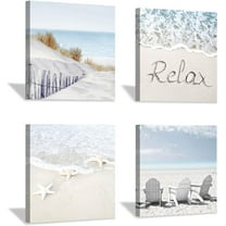 MOONDAWN Starfish & Chairs on Sand 12" x 12" Framed Painting Canvas Art Prints (Set of 4)