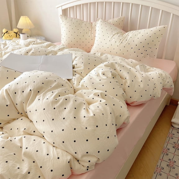 MOONDU 4 Piece Polka Dot Duvet Cover Set with Pillowcases and Flat Sheet Soft 100% Cotton Breathable Comforter Cozy Cute Aesthetic Bedding Set for Women and Teen Girls