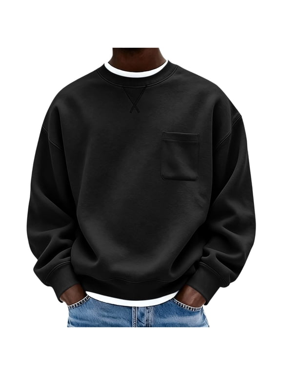 Men's Crewneck Sweatshirt Solid Color Pullover with Chest Pocket Oversized Loose Fit Long Sleeve Soft Casual Fall Top 10 Colors S-XXL