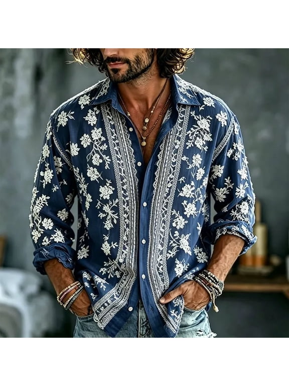 Men's Floral Embroidered Shirt Long Sleeve Button Down Western Boho Vintage Loose Fit Casual Party Beach Shirt