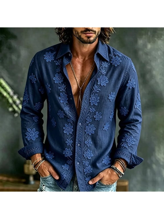 Men's Floral Embroidered Shirt Long Sleeve Button Down Western Boho Vintage Loose Fit Casual Party Beach Shirt