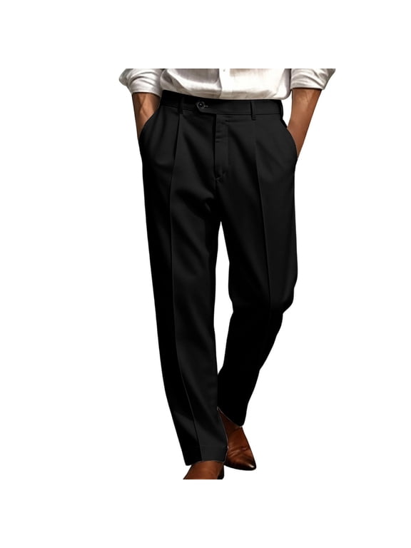 Men's Pleated Dress Pants with Pockets, Straight Leg Business Casual Trousers, Wrinkle Free Stretch Comfort Waist Suit Pants for Office