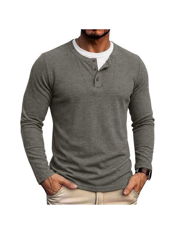 Men's Waffle Knit Henley Shirt with Faux Layer, Long Sleeve Button Down Pullover Top, Regular Fit Casual Tee for Fall Winter