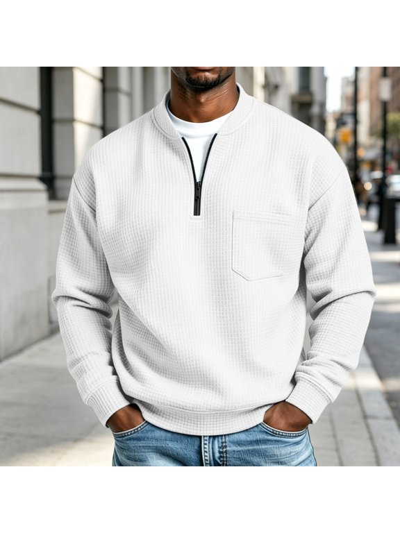 Men's Waffle Knit Quarter Zip Pullover Mock Neck Long Sleeve Sweatshirt with Chest Pocket, Casual Solid Color Top for Fall Winter Layering Daily Wear